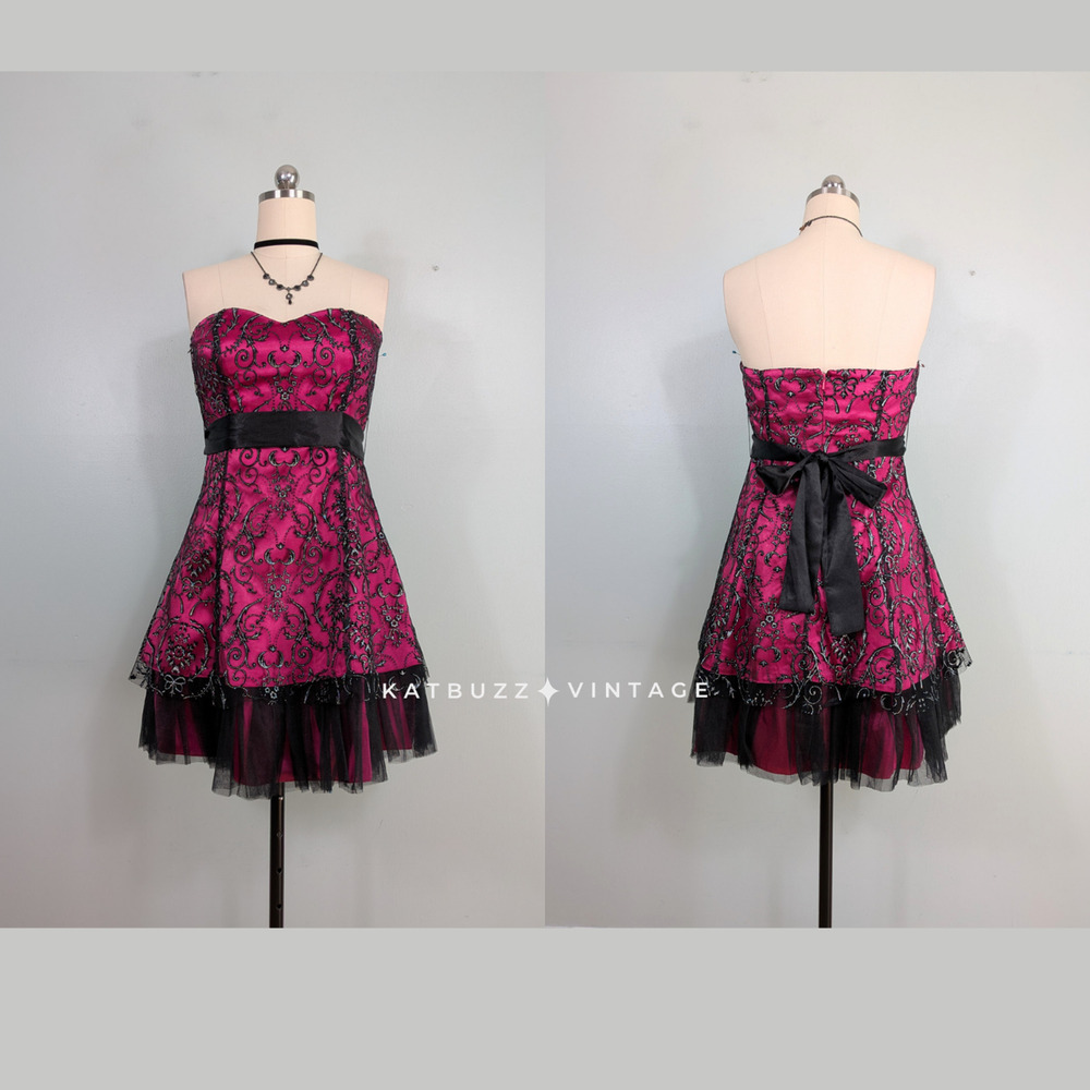 Vintage Prom Dress Knee Midi Gown 10 Pink Black Strapless Y2K Lace Floral Goth